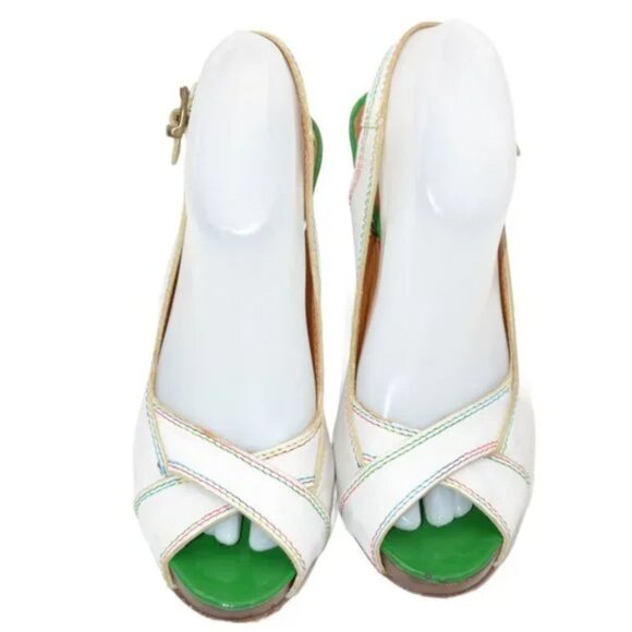 Vintage Miss Sixty White Green Chunky Peep Toe Slingback Leather Heels 39 8.5 9 - Picture 15 of 16